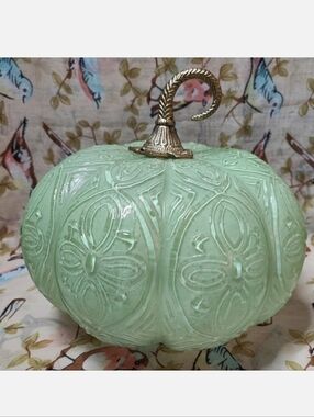 Art Glass Spring Decor Green Jadite Brass Stem Embossed Pumpkin Light Up Battery